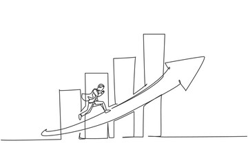 Poster - Single continuous line drawing of young worker running fast on increasing arrow sign. Professional businessman work ethic. Minimalism concept dynamic one line draw graphic design vector illustration