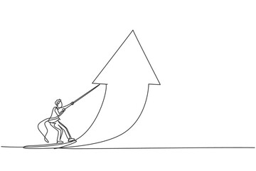 Poster - Single continuous line drawing of young business man lifting arrow up to increase business growth. Professional businessman. Minimalism concept dynamic one line draw graphic design vector illustration