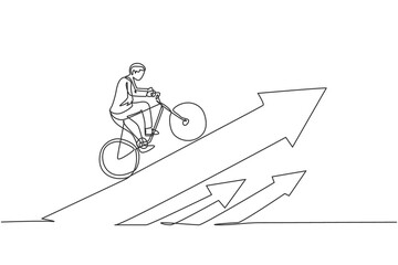 Poster - Continuous one line drawing young male worker climb the arrow sign up riding bicycle. Success business manager work ethic minimalist concept. Trendy single line draw design vector graphic illustration