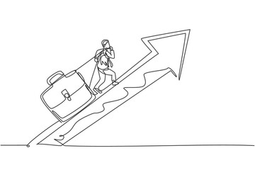 Wall Mural - Single one line drawing of young male hard worker pulling briefcase up to the rising arrow. Business financial growth minimal concept. Modern continuous line draw design graphic vector illustration