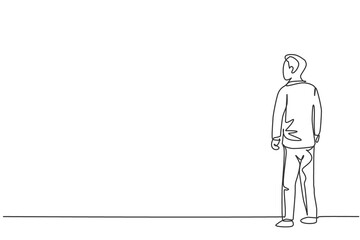 Poster - Single continuous line drawing of young male business manager standing back looking for hope. Professional businessman. Minimalism concept dynamic one line draw graphic design vector illustration