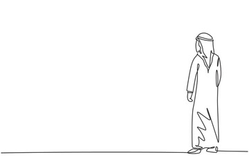 Poster - single one line drawing of young arabic businessman standing and looking for strategy. success busin