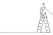 © Simple Line - Continuous one line drawing of young female entrepreneur climb ladder up to fix the lamp. Success business manager minimalist concept. Trendy single line draw design vector graphic illustration