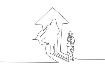 Poster - single one line drawing of young smart businesswoman standing with superhero shadow behind her. busi