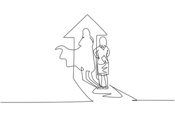 Poster - continuous one line drawing young female entrepreneur facing super hero shadow on arrow up symbol wa