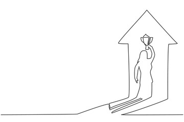 Poster - Continuous one line drawing shadow of young female entrepreneur lifting the trophy reflected on the wall. Success manager minimalist concept. Trendy single line draw design vector graphic illustration