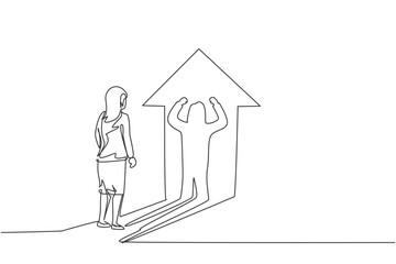 Poster - single continuous line drawing of young beauty businesswoman facing her muscular shadow on arrow lig