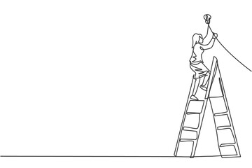 Poster - Continuous one line drawing of young female entrepreneur climb ladder up to fix the lamp. Success business manager minimalist concept. Trendy single line draw design vector graphic illustration