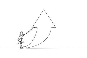 Poster - single continuous line drawing of young beauty businesswoman pulling arrow up symbol direction. prof