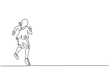 Poster - Single one line drawing of young smart businesswoman running fast to reach finish line. Business race competition minimal concept. Modern continuous line draw design graphic vector illustration
