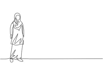 Poster - single continuous line drawing of young beauty arabian pose standing elegantly. professional busines