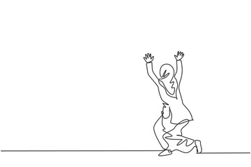 Poster - single continuous line drawing of young beauty arabian pose kneeling and holding gesture. profession