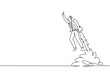 Continuous one line drawing of young handsome male worker flying high using jetpack machine. Success business manager minimalist concept. Trendy single line draw design vector graphic illustration