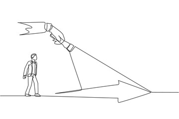 Poster - single continuous line drawing of young entrepreneur gets the light to light his success way. attrac