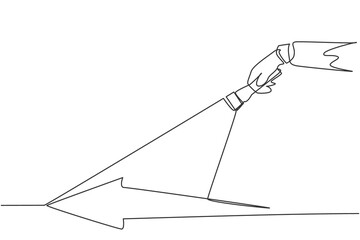 Poster - single one line drawing of young smart male employee light the arrow path way using flashlight. busi