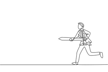 Poster - single one line drawing of young smart male employee running and holding spear to hit target. busine