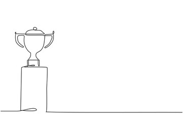 Poster - single one line drawing of gold winning trophy on podium. tournament champion achievement appreciati