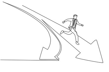 Poster - single continuous line drawing of young business man running into branch path forward arrow . profes