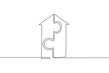 Poster - Single continuous line drawing of up arrow shape build from piece of puzzles. Teamwork symbol metaphor. Minimalism concept dynamic one line draw graphic design vector illustration