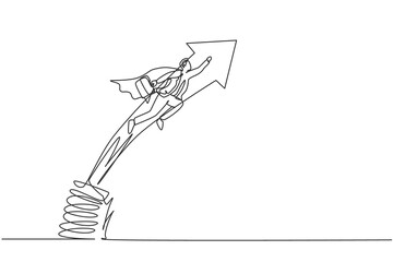 Poster - single one line drawing of young smart male employee jumping and flying with metal spring. business 