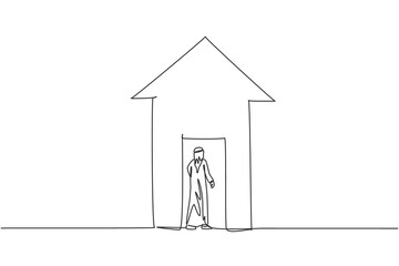 Poster - Single continuous line drawing of young Arabic businessman enter into the house up arrow symbol. Smart professional manager. Minimalism concept dynamic one line draw graphic design vector illustration