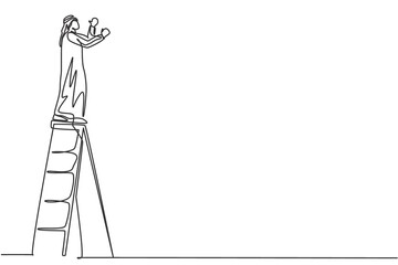 Poster - Single one line drawing of young Arabic male handyman fixing the broken wall using ladder. Repairman property fixing minimal concept. Modern continuous line draw design graphic vector illustration