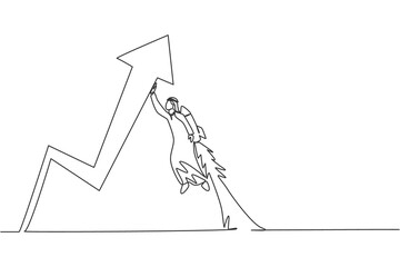 Poster - Continuous one line drawing young handsome Arabic male worker flying to rise up arrow symbol. Success business strategy minimalist concept. Trendy single line draw design vector graphic illustration