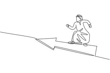 Poster - single one line drawing of young arabian male entrepreneur flying with forward arrow symbol. fast bu