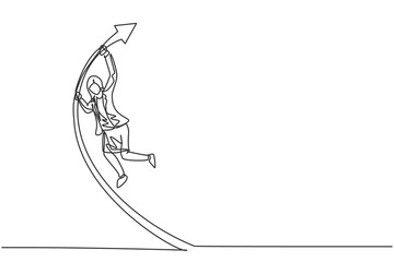 Poster - single continuous line drawing of young female manager pole vault jumping high to reach target. prof