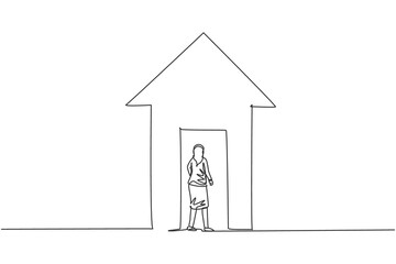 Poster - Single continuous line drawing of young female manager enter up arrow symbol building. Professional businesswoman metaphor. Minimalism concept dynamic one line draw graphic design vector illustration