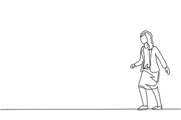 Poster - single continuous line drawing young female manager walking with confidence. professional businesswo