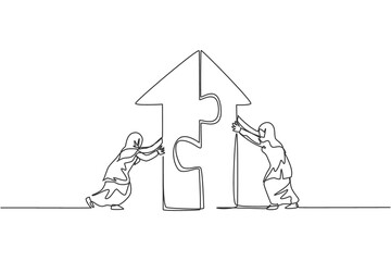 Poster - Continuous one line drawing two young Arabic female workers pushing puzzle to unite up arrow building. Success teamwork minimalist concept. Trendy single line draw design vector graphic illustration