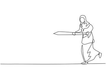 Poster - continuous one line drawing young arabic female worker running while holding sword to hit goal targe