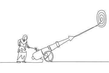 Poster - single continuous line drawing young professional female arab entrepreneur fire the cannonball to hi