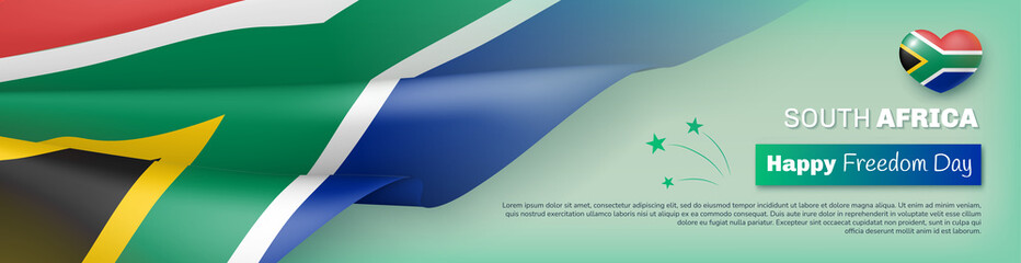 Wall Mural - South Africa Happy Freedom Day. Horizontal festival banner, poster, flyer, card, background with waving national flag celebrated on 27 April realistic vector illustration