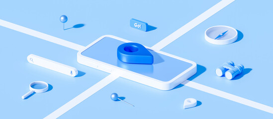 Fototapete - Isometric of map and location pin or navigation icon sign on blue background with search concept. 3D rendering.