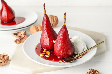 composition with sweet poached pears and ice cream on light background
