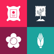Set Pop Art Corn, Flower, Tree And Pack Full Of Seeds Of Plant Icon. Vector.