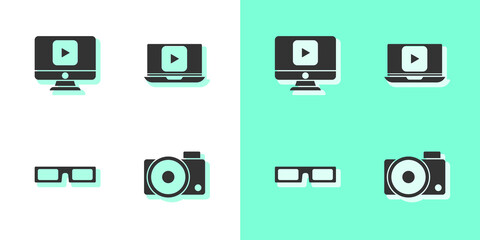 Sticker - Set Photo camera, Online play video, Cinema glasses and icon. Vector.