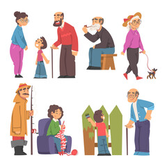 Sticker - Grandpa and Grandma Knitting, Fishing, Walking the Dog and Playing with Their Grandson Vector Illustration Set