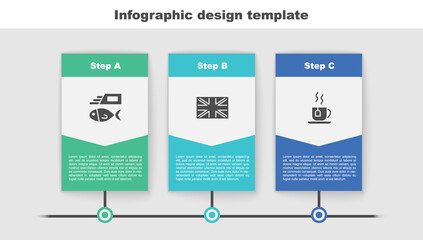 Sticker - Set Fish and chips, Flag of Great Britain and Cup tea with tea bag. Business infographic template. Vector.