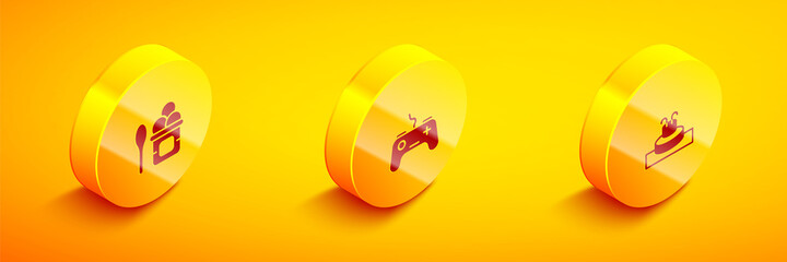 Sticker - Set Isometric Ice cream in bowl, Gamepad and Fountain icon. Vector.