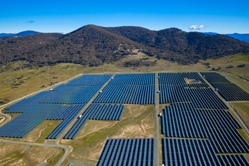 Wall Mural - aerial view above a large solar farm for renewable energy supply in canberra, australia