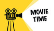 Movie time concept with retro camera isolated on yellow beams. Vector illustration
