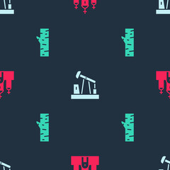 Canvas Print - Set Church building, Oil pump or pump jack and Birch tree on seamless pattern. Vector.