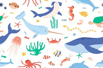 Wall Mural - Childish seamless pattern with sea and ocean animals on white background. Cute marine underwater fauna with narwhal, whale and dolphin. Endless design. Colored flat cartoon vector illustration