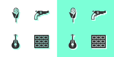 Canvas Print - Set Chocolate bar, Corn, Mexican guitar and Revolver gun icon. Vector.