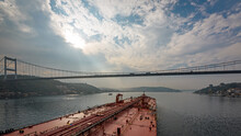Large Crude Oil Tanker Is Proceeding By Turkish Strait Under Bridge