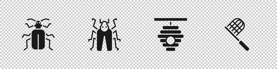 Set Chafer beetle, Beetle bug, Hive for bees and Butterfly net icon. Vector.