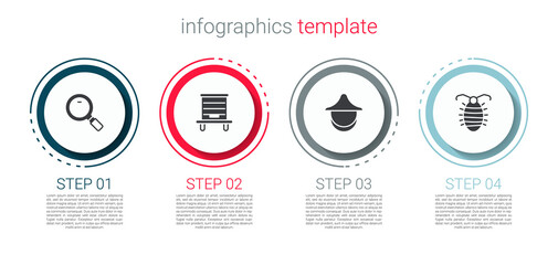 Poster - Set Magnifying glass, Hive for bees, Beekeeper hat and Larva insect. Business infographic template. Vector.